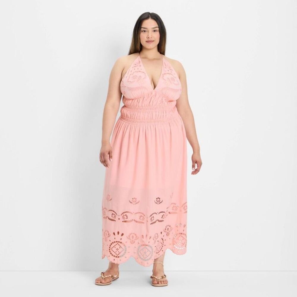 Strapless Pink Eyelet Maxi Dress